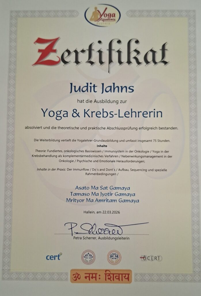 Zertifikat für Yoga & Krebs-Lehrerin von Judit Jahns, 2026.
